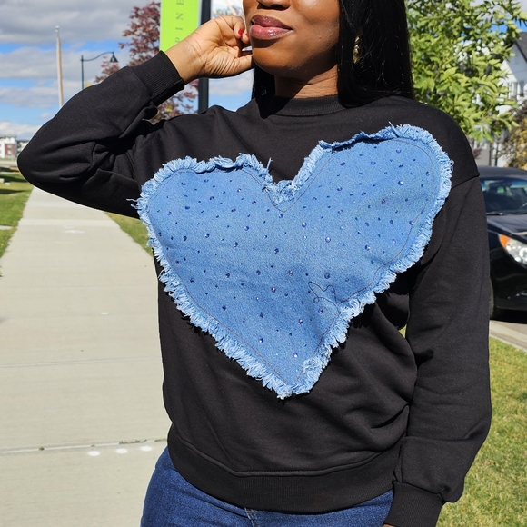 NWT Denim Patchwork W/Rhinestones Black Sweatshirt - Picture 1 of 3